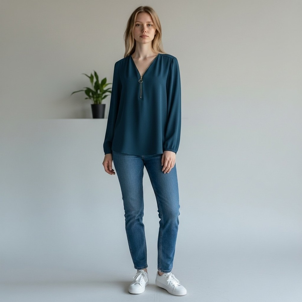 Moody Office Siren Mob Wife Glam Teal Zip Front Flowy  Blouse  Size Large